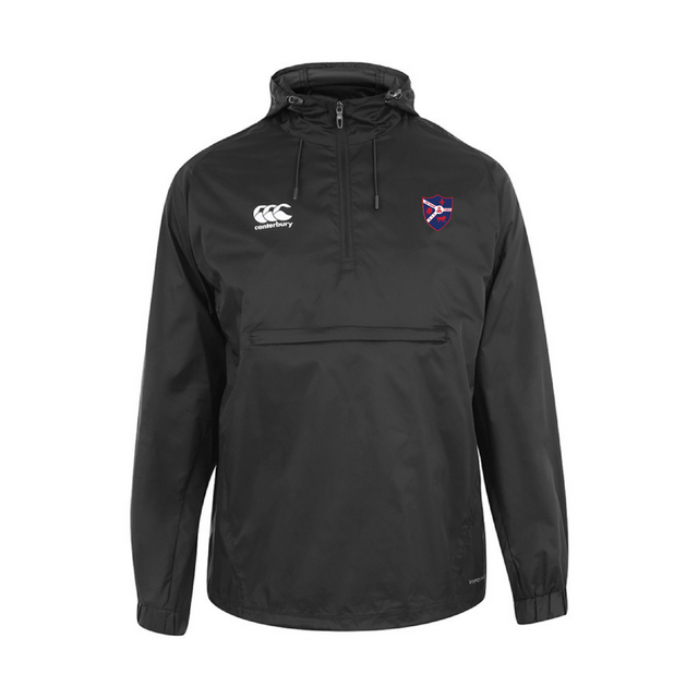 The Fort Wayne Rugby Packaway Jacket by EMB Canterbury features a relaxed fit, ideal for any occasion. This black zip-up jacket with hood has a front left logo, a front right embroidered patch, and water-resistant material for extra protection against the elements.