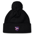 The Fort Wayne Rugby Pom Pom Beanie by EMB Canterbury features a black fleece-lined design with an embroidered red, blue, and white shield patch. Ideal for Canterbury Rugby fans or as a stylish rugby bobble hat.