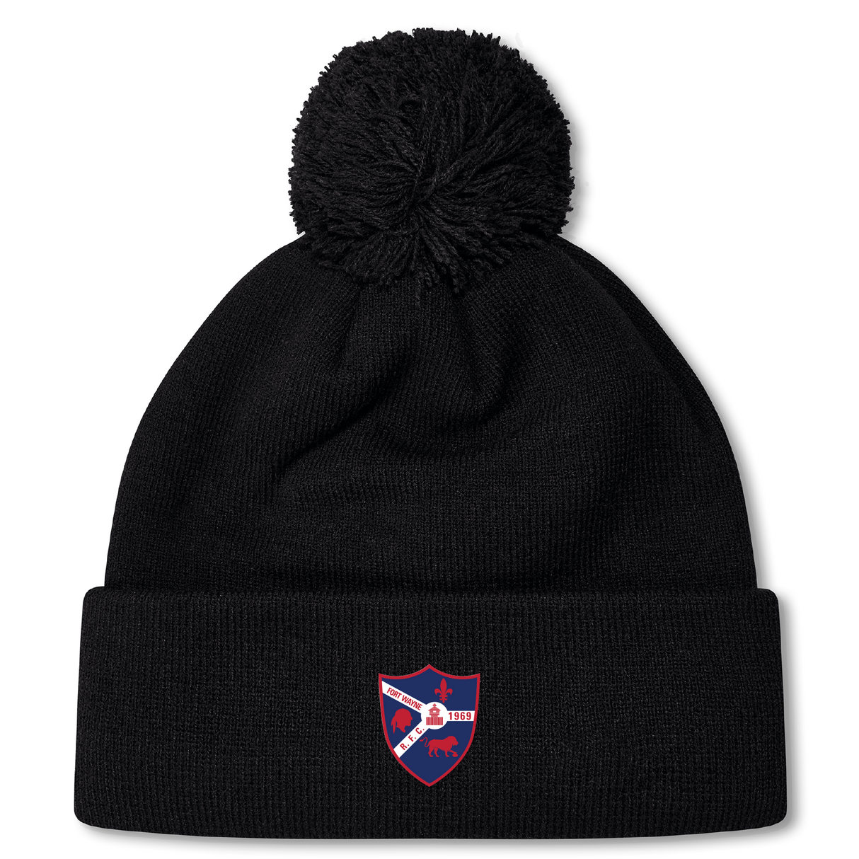 The Fort Wayne Rugby Pom Pom Beanie by EMB Canterbury features a black fleece-lined design with an embroidered red, blue, and white shield patch. Ideal for Canterbury Rugby fans or as a stylish rugby bobble hat.