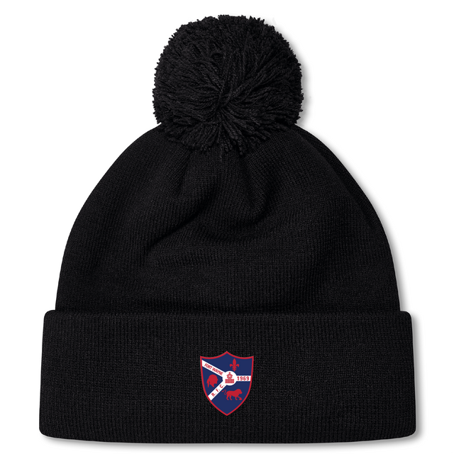 The Fort Wayne Rugby Pom Pom Beanie by EMB Canterbury features a black fleece-lined design with an embroidered red, blue, and white shield patch. Ideal for Canterbury Rugby fans or as a stylish rugby bobble hat.
