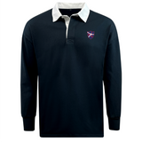 The Fort Wayne Rugby Classic Long Sleeve Solid Rugby Jersey by EMB Mudoo features a relaxed-fit black shirt with a white collar, an embroidered crest on the upper left chest, and crafted from a comfy cotton/poly blend for timeless style.