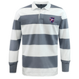 The EMB Mudoo Fort Wayne Rugby Classic Long Sleeve Hooped Rugby Jersey, with wide gray and white stripes and a red and blue shield logo on the left chest, captures a timeless throwback aesthetic.