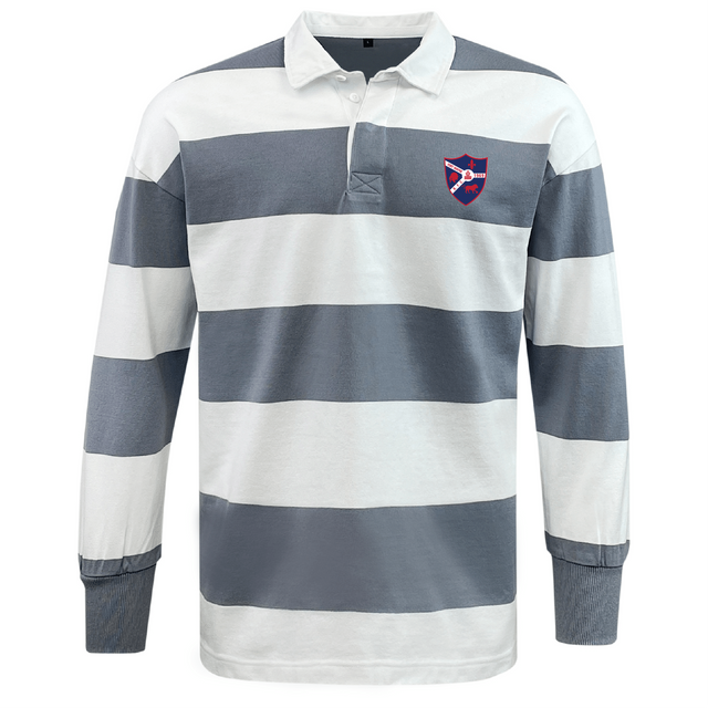The EMB Mudoo Fort Wayne Rugby Classic Long Sleeve Hooped Rugby Jersey, with wide gray and white stripes and a red and blue shield logo on the left chest, captures a timeless throwback aesthetic.