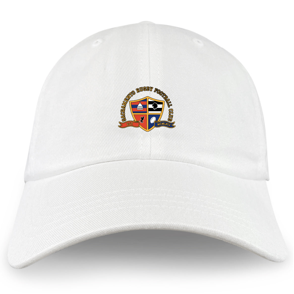 The EMB S&S Activewear Sacramento Rugby Football Club Adult Low-Profile Cotton Twill Dad Cap features the club crest embroidered on the front, ideal for showing team spirit.