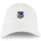 The Gulf Coast Fat Alberts Adult Low-Profile Cotton Twill Dad Cap by EMB S&S Activewear features white cotton twill and embroidered team branding: a blue and yellow shield logo with "Gulf Coast Fat Alberts Rugby," an airplane, and rugby ball.