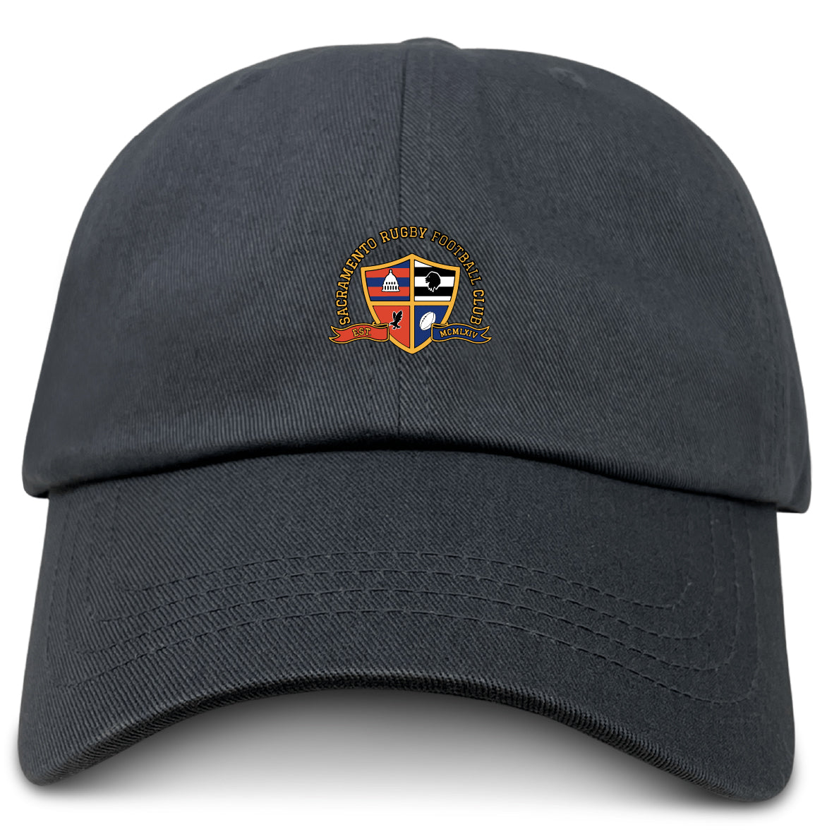 The EMB S&S Activewear Sacramento Rugby Football Club Adult Low-Profile Cotton Twill Dad Cap features an embroidered multicolored club crest and team branding on the front.