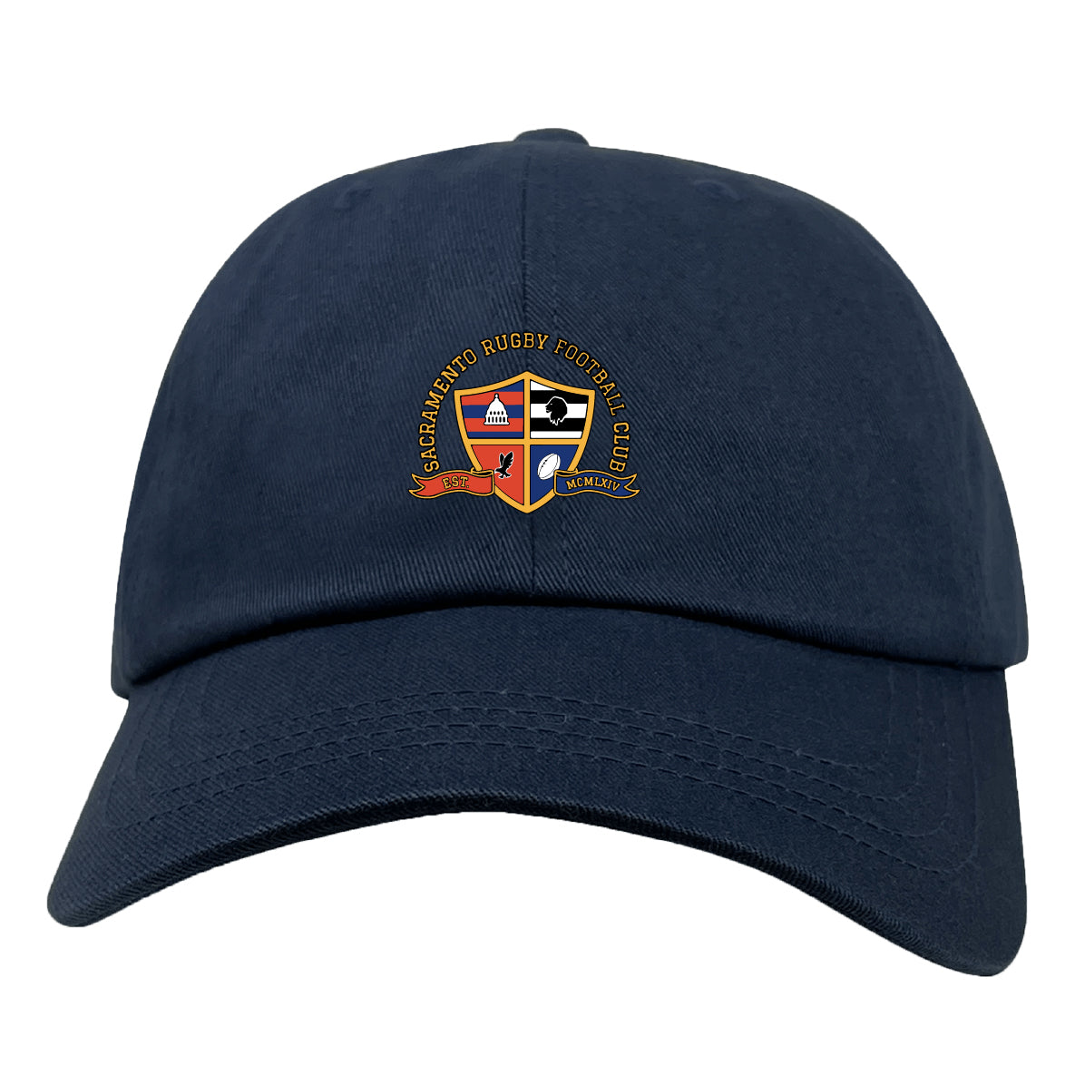 The EMB S&S Activewear Sacramento Rugby Football Club Adult Low-Profile Cotton Twill Dad Cap features the team crest embroidered on navy blue cotton twill, offering classic club style.
