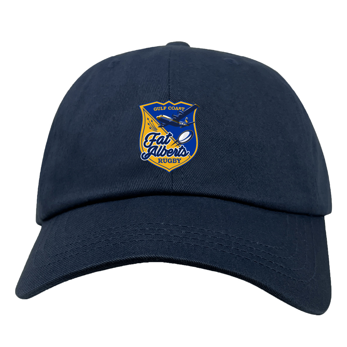 The Gulf Coast Fat Alberts Adult Low-Profile Cotton Twill Dad Cap by EMB S&S Activewear features a navy blue cotton twill design with embroidered team branding and the Gulf Coast Fat Alberts Rugby logo on the front.