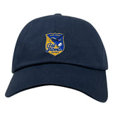 The Gulf Coast Fat Alberts Adult Low-Profile Cotton Twill Dad Cap by EMB S&S Activewear features a navy blue cotton twill design with embroidered team branding and the Gulf Coast Fat Alberts Rugby logo on the front.