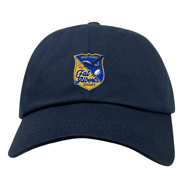 The Gulf Coast Fat Alberts Adult Low-Profile Cotton Twill Dad Cap by EMB S&S Activewear features a navy blue cotton twill design with embroidered team branding and the Gulf Coast Fat Alberts Rugby logo on the front.