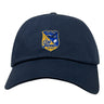 The Gulf Coast Fat Alberts Adult Low-Profile Cotton Twill Dad Cap by EMB S&S Activewear features a navy blue cotton twill design with embroidered team branding and the Gulf Coast Fat Alberts Rugby logo on the front.