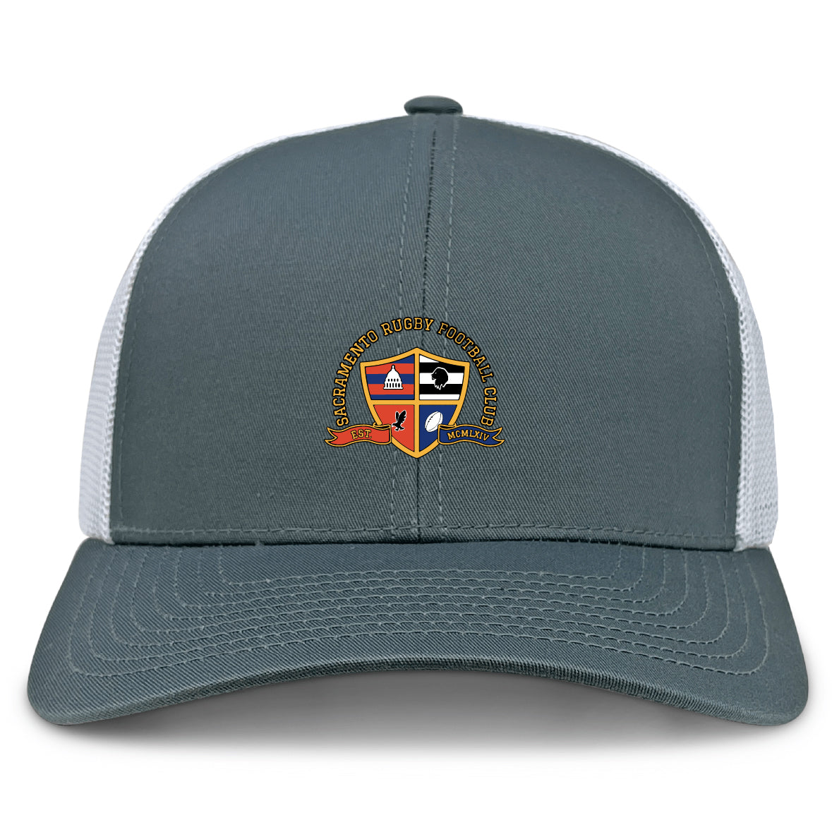 The Sacramento Rugby Football Club Retro Trucker Cap by EMB S&S Activewear features gray and white panels, an embroidered club logo on the front, and a classic snapback closure.