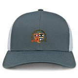 The Sacramento Rugby Football Club Retro Trucker Cap by EMB S&S Activewear features gray and white panels, an embroidered club logo on the front, and a classic snapback closure.