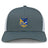 The Gulf Coast Fat Alberts Retro Trucker Cap by EMB S&S Activewear features a grey and white design, blue and yellow embroidered front patch, and an adjustable snapback closure for comfort.