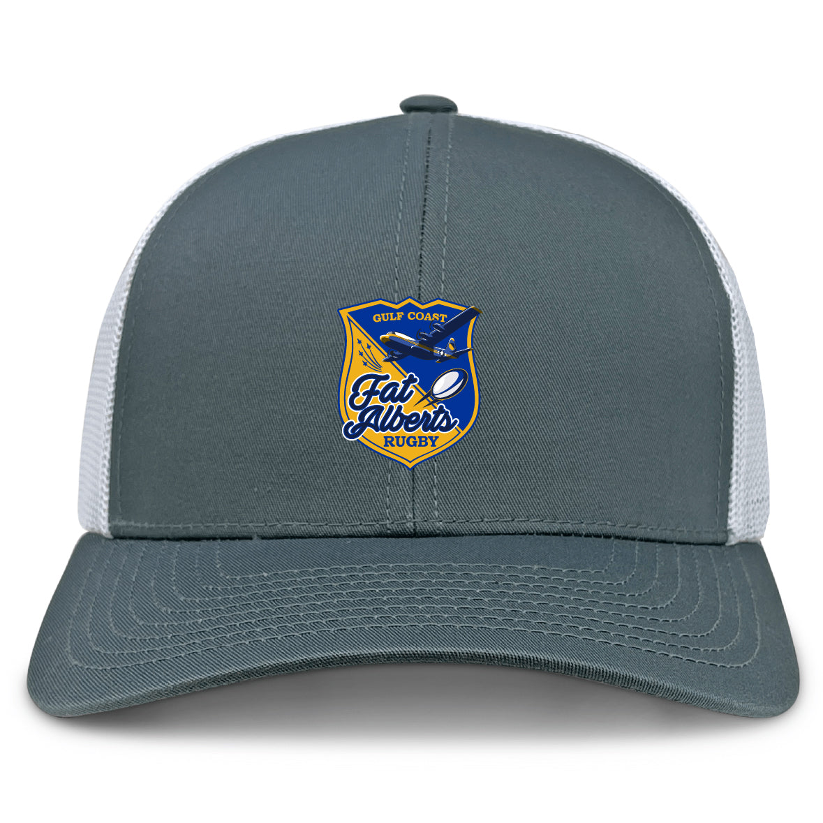 The Gulf Coast Fat Alberts Retro Trucker Cap by EMB S&S Activewear features a grey and white design, blue and yellow embroidered front patch, and an adjustable snapback closure for comfort.