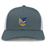 The Gulf Coast Fat Alberts Retro Trucker Cap by EMB S&S Activewear features a grey and white design, blue and yellow embroidered front patch, and an adjustable snapback closure for comfort.