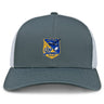 The Gulf Coast Fat Alberts Retro Trucker Cap by EMB S&S Activewear features a grey and white design, blue and yellow embroidered front patch, and an adjustable snapback closure for comfort.
