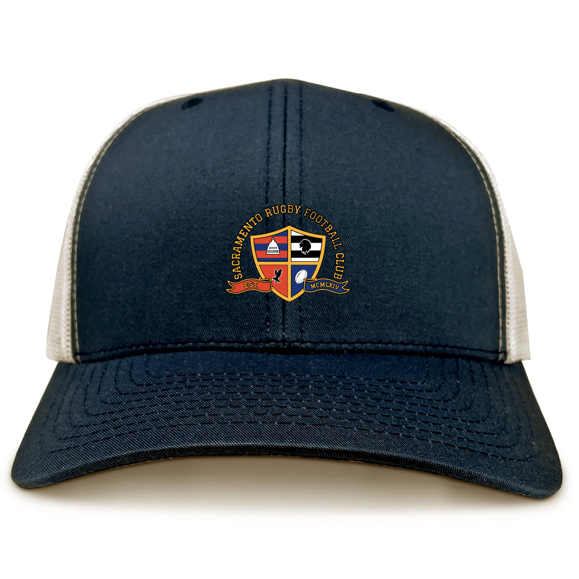 The EMB S&S Activewear Sacramento Rugby Football Club Retro Trucker Cap features a navy blue and white mesh design, front embroidery, and an adjustable snapback closure for a comfortable fit.