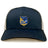 The Gulf Coast Fat Alberts Retro Trucker Cap by EMB S&S Activewear features a navy blue and beige design, an embroidered front logo patch, and a classic snapback closure.