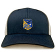 The Gulf Coast Fat Alberts Retro Trucker Cap by EMB S&S Activewear features a navy blue and beige design, an embroidered front logo patch, and a classic snapback closure.