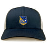 The Gulf Coast Fat Alberts Retro Trucker Cap by EMB S&S Activewear features a navy blue and beige design, an embroidered front logo patch, and a classic snapback closure.