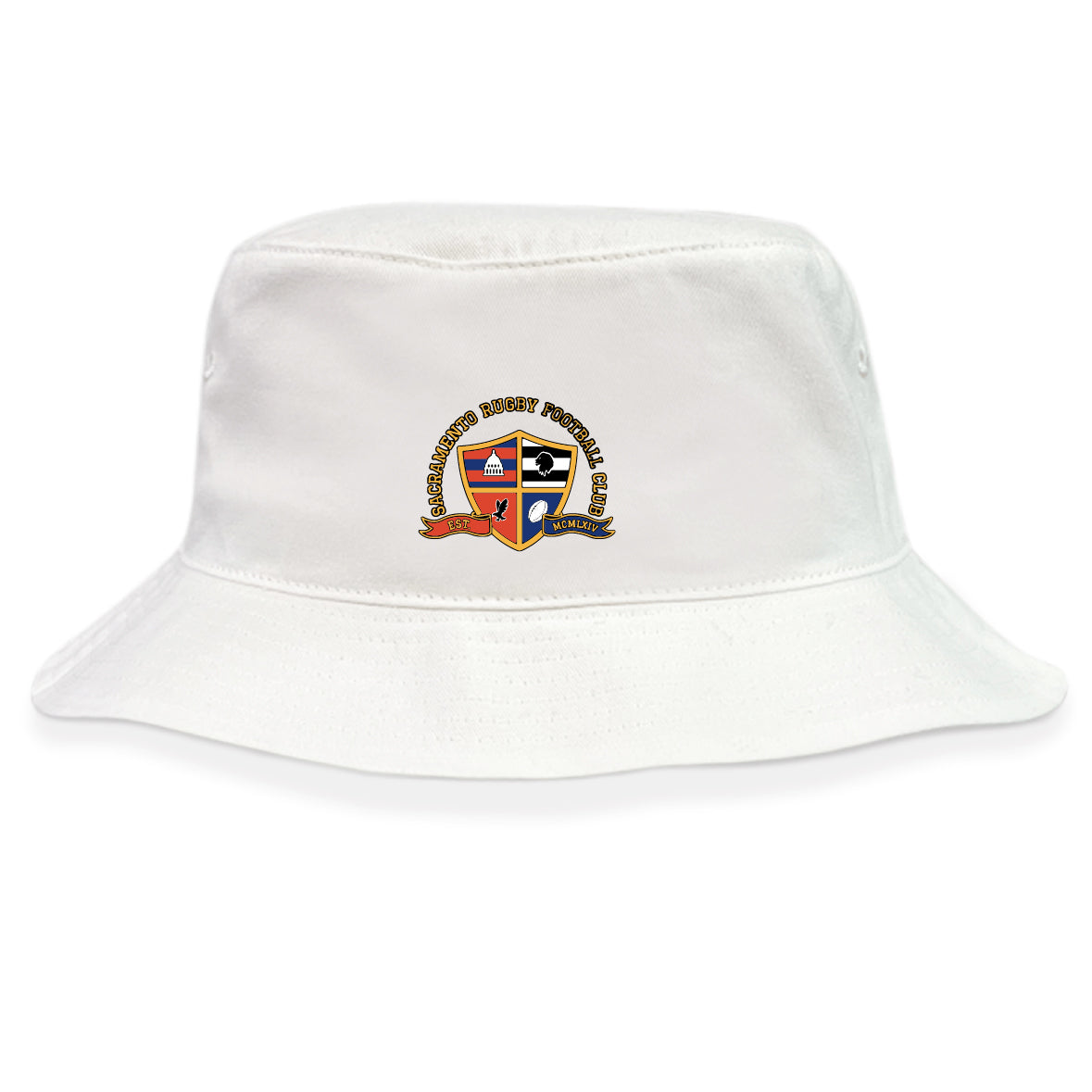 The EMB S&S Activewear Sacramento Rugby Football Club Crusher Bucket Cap is a white cotton hat with an embroidered multicolored crest and text on the front, perfect for sun protection during outdoor matches.