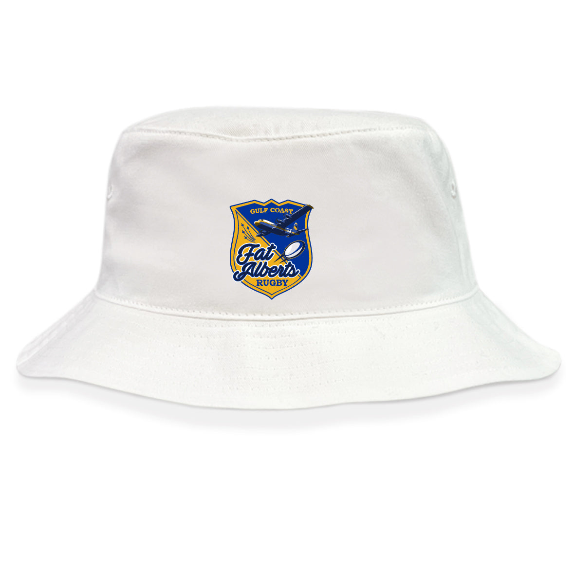 The Gulf Coast Fat Alberts Crusher Bucket Cap by EMB S&S Activewear features the rugby club logo in blue, yellow, and white on white cotton twill—a stylish way to stay sun-protected on game days.
