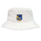 The Gulf Coast Fat Alberts Crusher Bucket Cap by EMB S&S Activewear features the rugby club logo in blue, yellow, and white on white cotton twill—a stylish way to stay sun-protected on game days.