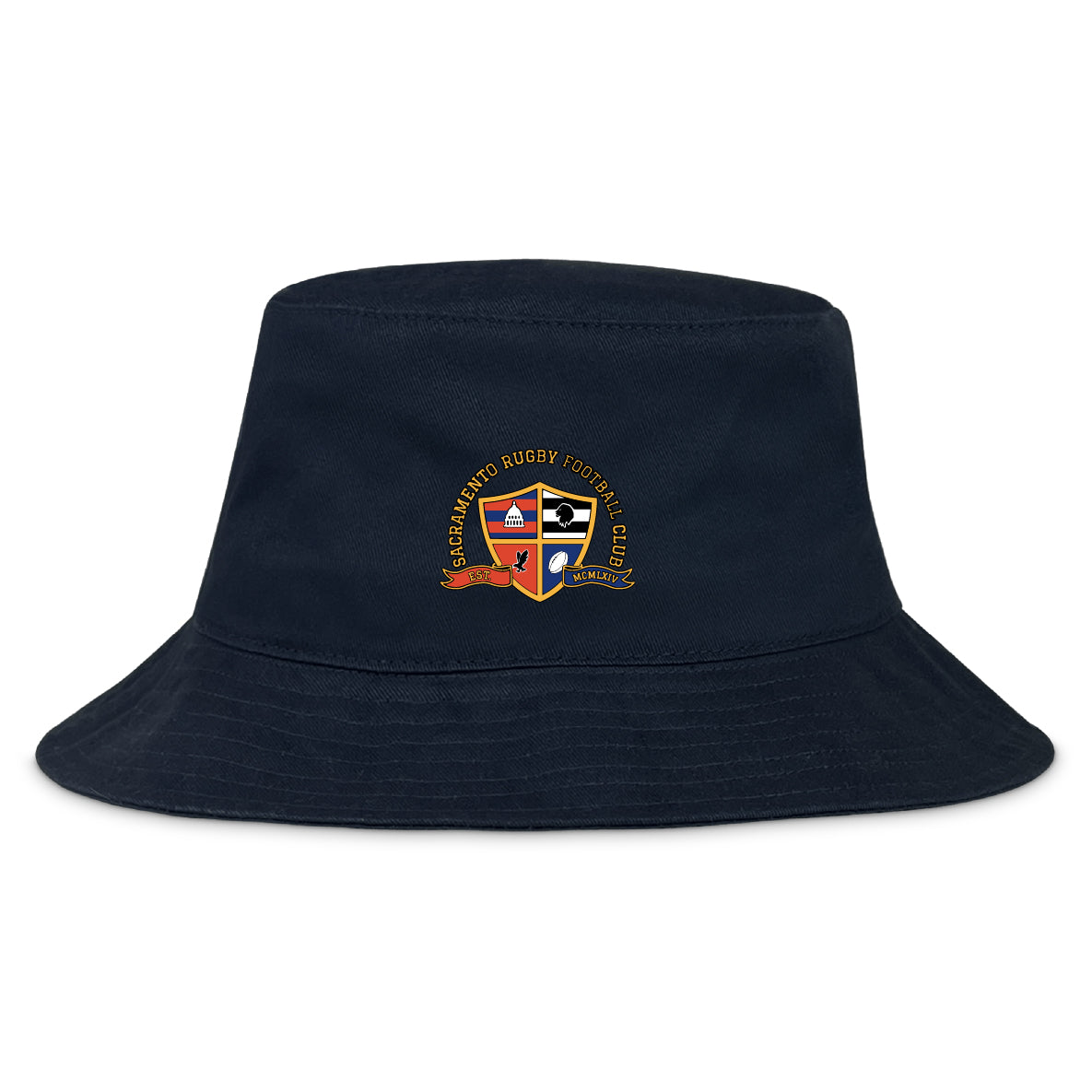 The EMB S&S Activewear Sacramento Rugby Football Club Crusher Bucket Cap is a navy blue cotton hat with the club’s embroidered crest on the front, offering classic style and sun protection.