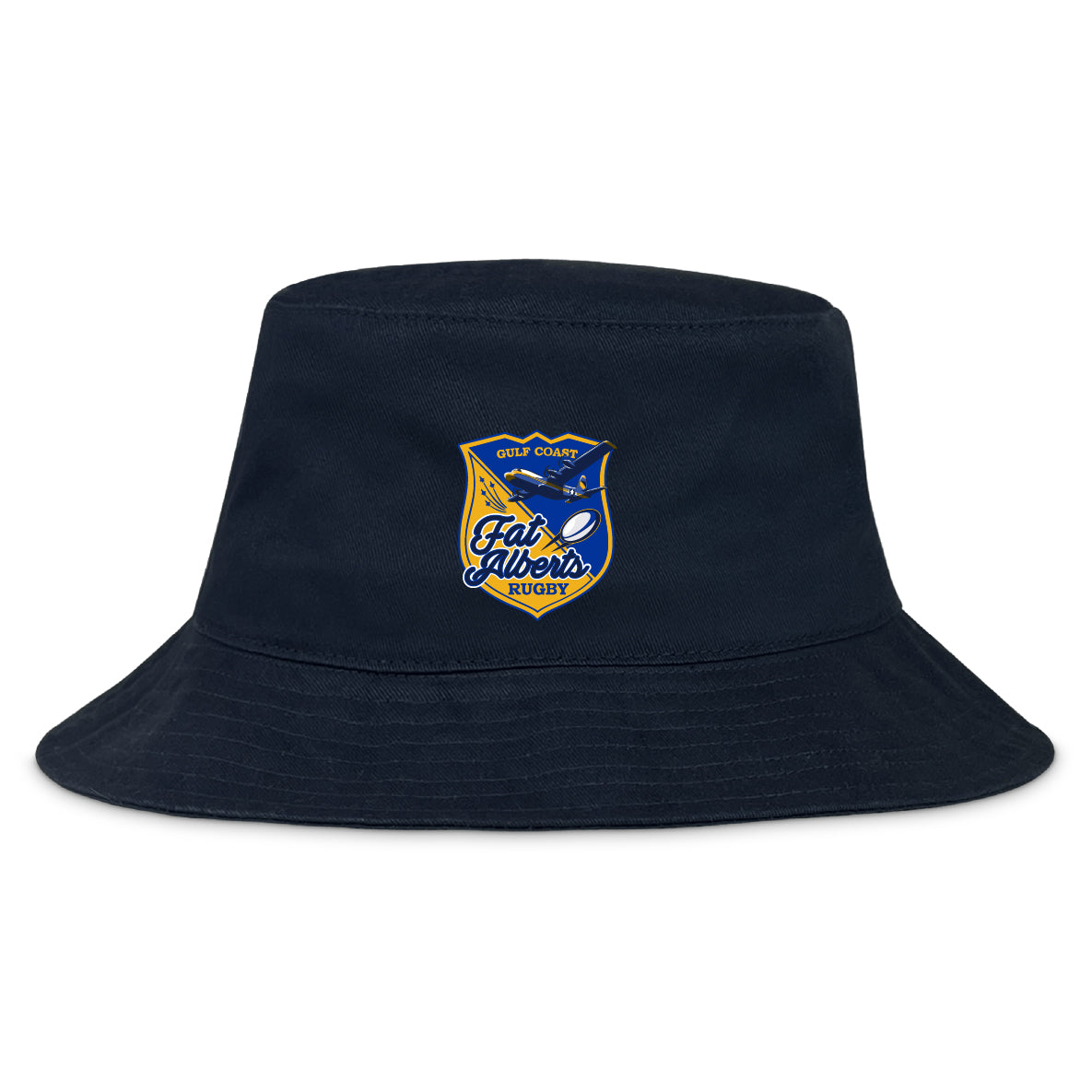 The Gulf Coast Fat Alberts Crusher Bucket Cap by EMB S&S Activewear is a navy cotton twill hat with a "Fat Albers Rugby" embroidered crest of a rugby ball and shield, blending classic style and sun protection.