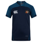 The Sacramento Rugby Football Club Vapodri Evader Jersey by EMB Canterbury features navy and light blue panels, a white Canterbury logo, and club crest. Made from moisture-wicking fabric for comfort on and off the field.