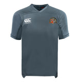 A plain grey EMB Canterbury Sacramento Rugby Football Club Vapodri Evader Jersey with short sleeves, featuring the Canterbury logo on the right chest and a club crest with text on the left.
