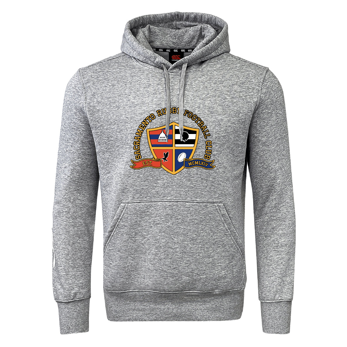 The Sacramento Rugby Football Club Club Hoodie by WRS Canterbury is a gray hoodie with a front pocket and a colorful club crest on the chest.