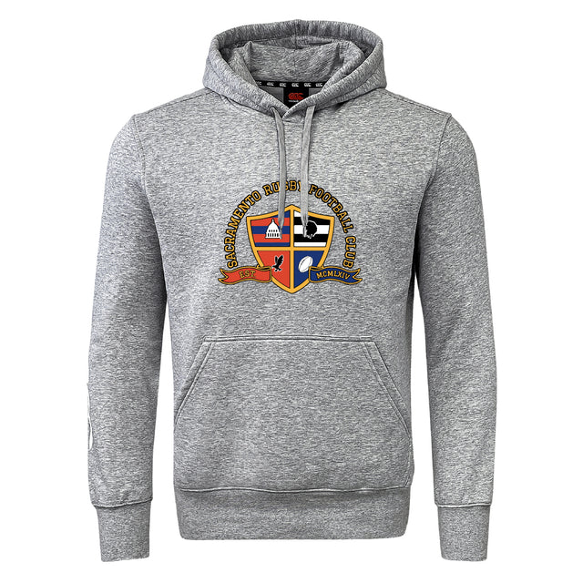 The Sacramento Rugby Football Club Club Hoodie by WRS Canterbury is a gray hoodie with a front pocket and a colorful club crest on the chest.