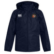 The EMB Canterbury Sacramento Rugby Football Club Vaposhield Full Zip Rain Jacket is navy blue with a hood, school crest, and Canterbury logo on the chest. Made with VapoShield tech for superior water resistance.