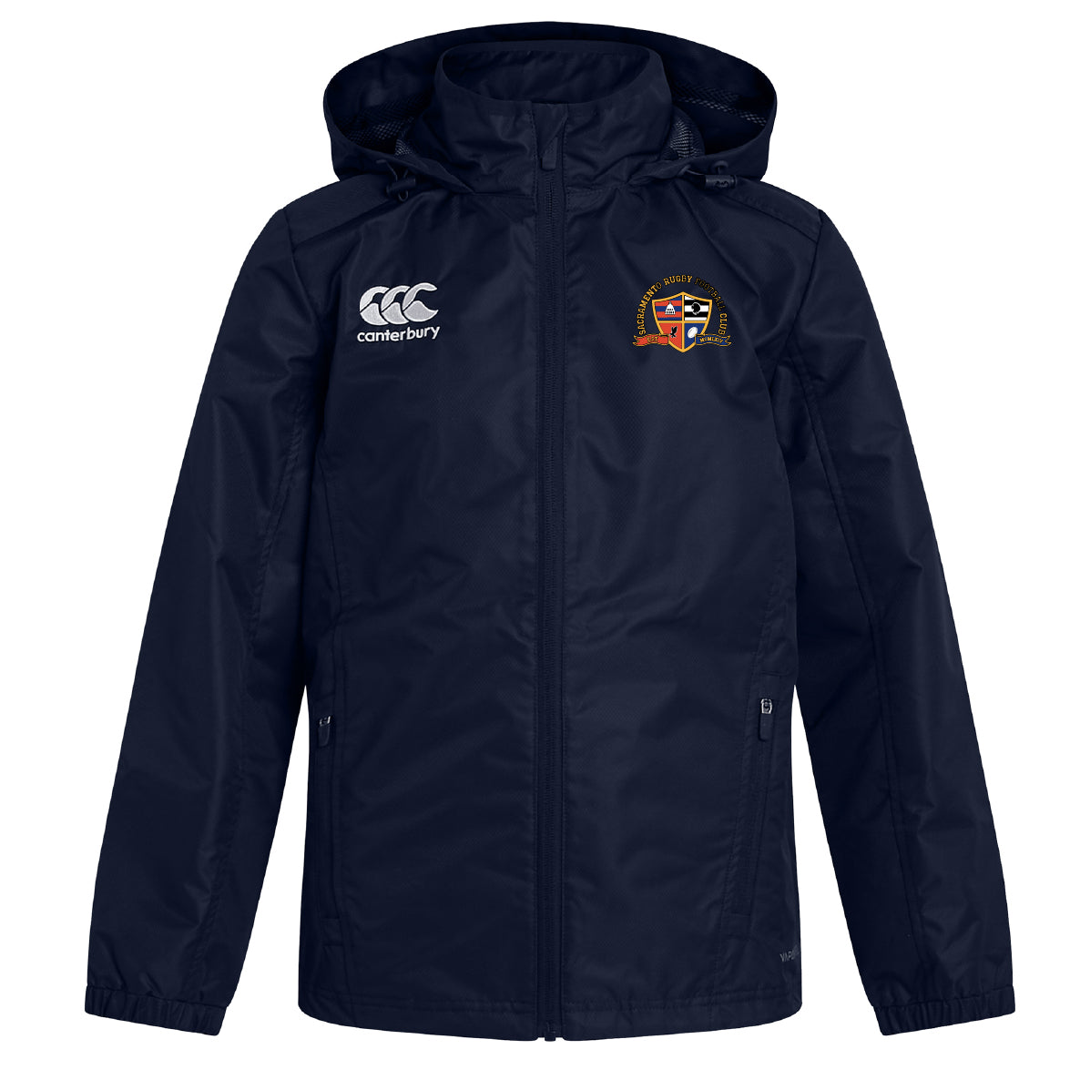 The EMB Canterbury Sacramento Rugby Football Club Vaposhield Full Zip Rain Jacket is navy blue with a hood, school crest, and Canterbury logo on the chest. Made with VapoShield tech for superior water resistance.