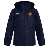 The EMB Canterbury Sacramento Rugby Football Club Vaposhield Full Zip Rain Jacket is navy blue with a hood, school crest, and Canterbury logo on the chest. Made with VapoShield tech for superior water resistance.