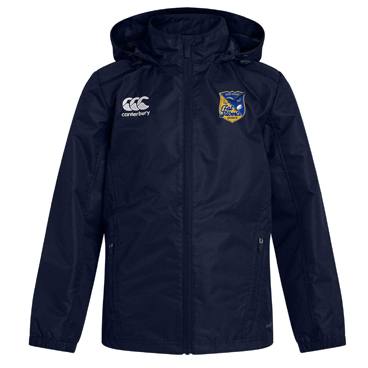The Gulf Coast Fat Alberts Club Vaposhield Stadium Jacket by EMB Canterbury features padded insulation, a zip front, two zippered pockets, a white Canterbury logo, and a crest patch on the chest.