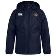 The Sacramento Rugby Football Club Vaposhield Stadium Jacket by EMB Canterbury is a navy blue, zip-front jacket with a white Canterbury logo on the right chest, a multi-colored crest on the left, and padded insulation for warmth.