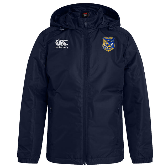 Stay dry in the EMB Canterbury Gulf Coast Fat Alberts Club Vaposhield Full Zip Rain Jacket, featuring water-resistant navy blue fabric, a zipper, Canterbury logo on the right chest, and the club crest on the left. Perfect for wet weather.