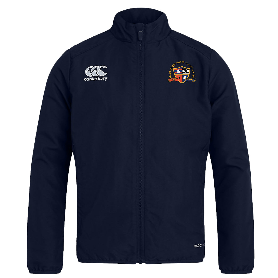The Sacramento Rugby Football Club Club Track Jacket by EMB Canterbury features a navy blue design, stand-up collar, white Canterbury logo on the right chest, colorful embroidered crest on the left chest, and a water repellent finish.