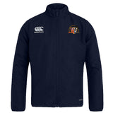 The Sacramento Rugby Football Club Club Track Jacket by EMB Canterbury features a navy blue design, stand-up collar, white Canterbury logo on the right chest, colorful embroidered crest on the left chest, and a water repellent finish.