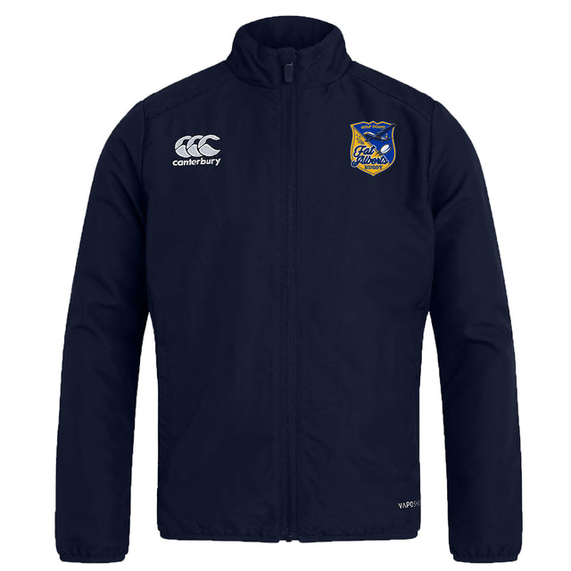 The EMB Canterbury Gulf Coast Fat Alberts Club Track Jacket is a navy lightweight jacket with a high collar, Canterbury logo on the right chest, and a yellow-blue crest on the left chest.