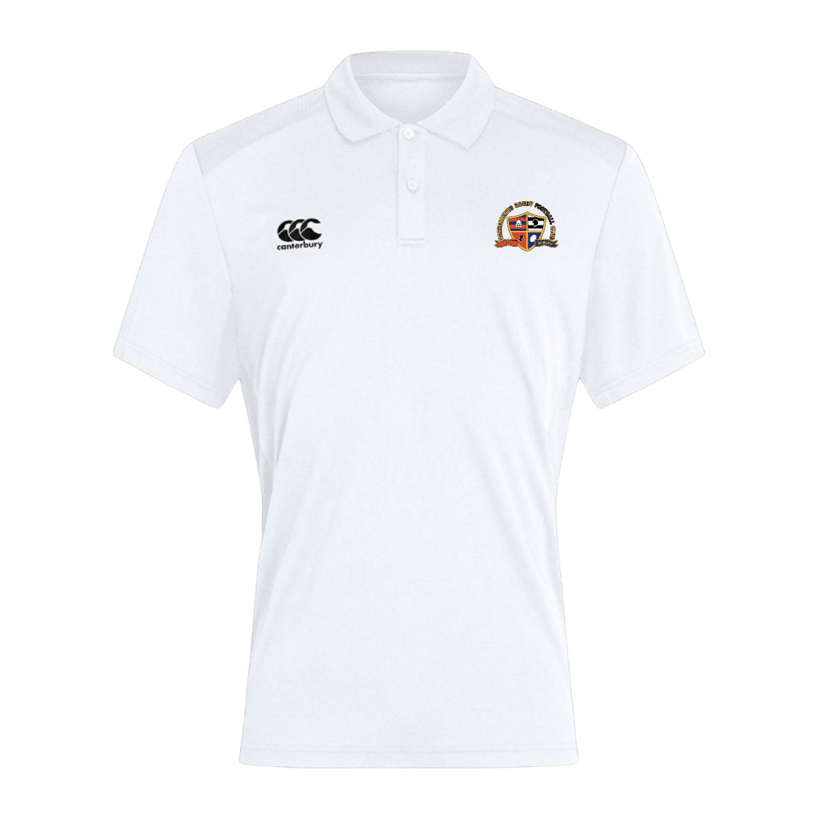 The Sacramento Rugby Football Club Waimak Polo by EMB Canterbury is a plain white men's short-sleeve polo with a collar and two small embroidered logos on the chest.