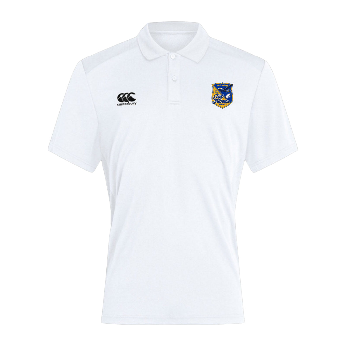 The Gulf Coast Fat Alberts Waimak Polo by EMB Canterbury is a classic white rugby polo with a collar, button placket, short sleeves, and two embroidered chest logos.
