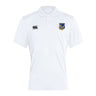 The Gulf Coast Fat Alberts Waimak Polo by EMB Canterbury is a classic white rugby polo with a collar, button placket, short sleeves, and two embroidered chest logos.