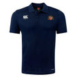 The Sacramento Rugby Football Club Club Dry Polo by EMB Canterbury is a navy blue short-sleeve polo with a collar, breathable fabric, and crest logos on the chest.