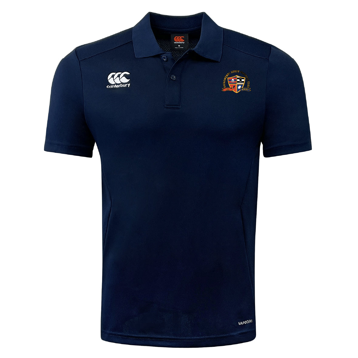 The Sacramento Rugby Football Club Club Dry Polo by EMB Canterbury is a navy blue short-sleeve polo with a collar, breathable fabric, and crest logos on the chest.
