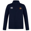 The Sacramento Rugby Football Club 1/4 Zip Mid Layer Training Top by EMB Canterbury features a navy blue long-sleeve design with a Canterbury logo on the right chest and an embroidered crest on the left—ideal for rugby training.