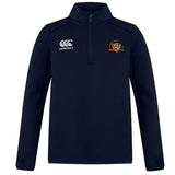 The Sacramento Rugby Football Club 1/4 Zip Mid Layer Training Top by EMB Canterbury features a navy blue long-sleeve design with a Canterbury logo on the right chest and an embroidered crest on the left—ideal for rugby training.